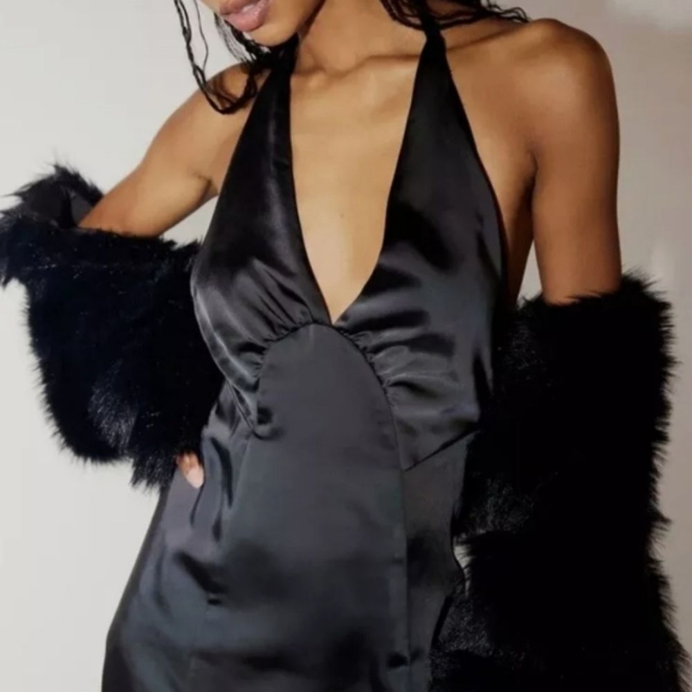 FREE PEOPLE DANCE TIL DAWN SATIN HALTER MAXI SLIT DRESS Sz M NWT - Picture 2 of 6